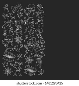 Vector pirate pattern with ships, islands and fantasy creatures. Pirate adventures for little children. Pattern for wrapping paper, wallpaper, posters, banners.