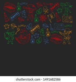 Vector pirate pattern with ships, islands and fantasy creatures. Pirate adventures for little children. Pattern for wrapping paper, wallpaper, posters, banners.