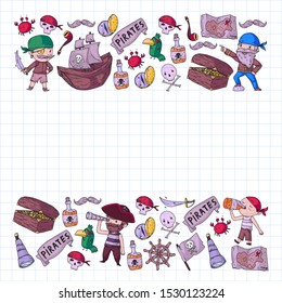 Vector pirate pattern with ships, islands and fantasy creatures. Pirate adventures for little children. Pattern for wrapping paper, wallpaper, posters, banners.
