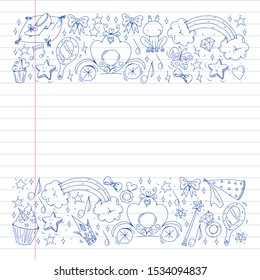 Vector pirate pattern with ships, islands and fantasy creatures. Pirate adventures for little children. Pattern for wrapping paper, wallpaper, posters, banners.