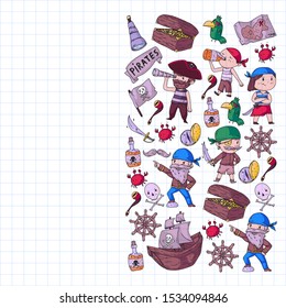 Vector pirate pattern with ships, islands and fantasy creatures. Pirate adventures for little children. Pattern for wrapping paper, wallpaper, posters, banners.