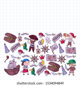 Vector pirate pattern with ships, islands and fantasy creatures. Pirate adventures for little children. Pattern for wrapping paper, wallpaper, posters, banners.