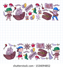 Vector pirate pattern with ships, islands and fantasy creatures. Pirate adventures for little children. Pattern for wrapping paper, wallpaper, posters, banners.
