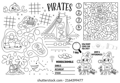 Vector pirate placemat for kids. Treasure hunt printable activity mat with maze, tic tac toe charts, connect the dots, find difference. Sea adventure black and white play mat or coloring page
