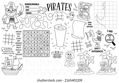 Vector pirate placemat for kids. Treasure hunt printable activity mat with maze, tic tac toe charts, connect the dots, find difference. Sea adventure black and white play mat or coloring page
