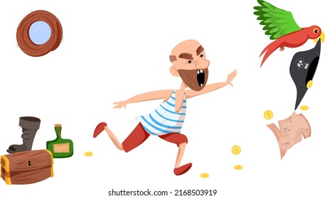 Vector pirate runs after the parrot that took the pirate hat, coins fall, treasure map. A pirate in a striped T-shirt and red shorts.