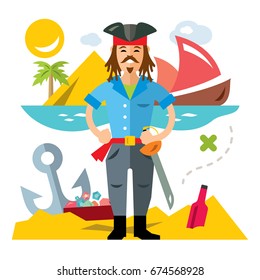 Vector Pirate with saword. Flat style colorful Cartoon illustration.
