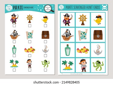 Vector pirate scavenger hunt cards set. Seek and find game with cute pirate, ship, mermaid for kids. Sea adventures or treasure island searching activity. Simple educational printable worksheet
