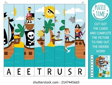 Vector pirate scrambled picture. Cut and glue activity with hidden word. Treasure island crafting game with cute marine scene with ship. Fun sea adventure printable worksheet for kids
