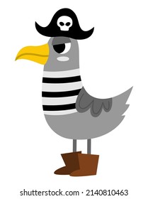 Icono de la gaviota pirata vectorial. Ilustración de aves marinas. Treasure Island hunter con camisa de rayas y sombrero negro coqueto. Divertida fiesta pirata para los niños. Imagen de gaviota marina
