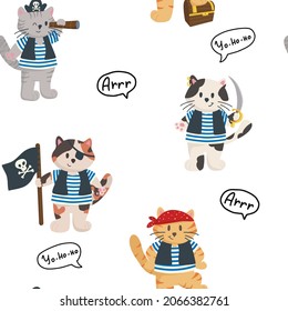 Vector pirate seamless pattern. Cute cats pirate. Marine kids theme for fabric, textile, packaging