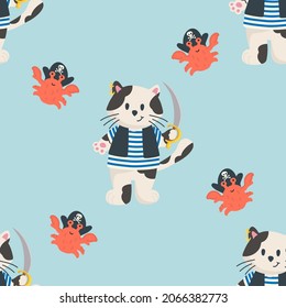 Vector pirate seamless pattern. Cute cat pirate and crab. Marine kids theme for fabric, textile, packaging

