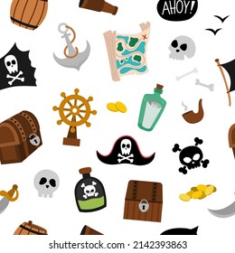 Vector pirate seamless pattern. Cute sea adventures symbols repeat background. Treasure island digital paper with treasure chest, map, anchor, pirate hat, crossbones. Funny pirate party texture