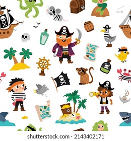 Vector pirate seamless pattern. Cute sea adventures repeat background. Treasure island digital paper with ship, captain, sailors, chest, map, parrot, monkey, map. Funny pirate party texture
