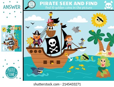 Vector pirate searching game with sea landscape. Spot hidden coins in the picture. Simple treasure island seek and find educational printable activity for kids. Sea adventures treasure hunt
