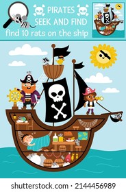 Vector pirate searching game. Spot hidden rats in the picture. Simple treasure island seek and find printable activity for kids. Sea adventures treasure hunt. Find ten rats on the ship
