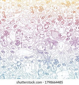 Vector pirate set in cartoon style. Sweet card with pirates, ship, whale, crab, octopus, mermaid, rum, anchor, treasure, fish, island and parrot.