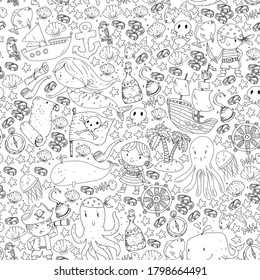 Vector pirate set in cartoon style. Sweet card with pirates, ship, whale, crab, octopus, mermaid, rum, anchor, treasure, fish, island and parrot.