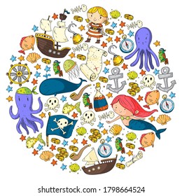 Vektorpirate im Cartoon-Stil. Süßkarte mit Piraten, Schiff, Wal, Krabbe, Tintenfisch, Meerjungfrau, Rum, Anker, Schatz, Fisch, Insel und Papagei.