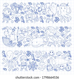 Vector pirate set in cartoon style. Sweet card with pirates, ship, whale, crab, octopus, mermaid, rum, anchor, treasure, fish, island and parrot.