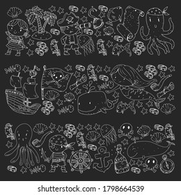 Vektorpirate im Cartoon-Stil. Süßkarte mit Piraten, Schiff, Wal, Krabbe, Tintenfisch, Meerjungfrau, Rum, Anker, Schatz, Fisch, Insel und Papagei.