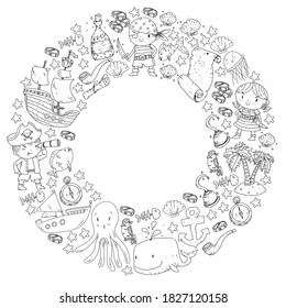 Pirata vectorial ambientado al estilo de las caricaturas. Dulce carta con piratas, barco, ballena, cangrejo, pulpo, sirena, ron, ancla, tesoro, pescado, isla y loro.