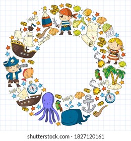 Vector pirate set in cartoon style. Sweet card with pirates, ship, whale, crab, octopus, mermaid, rum, anchor, treasure, fish, island and parrot.