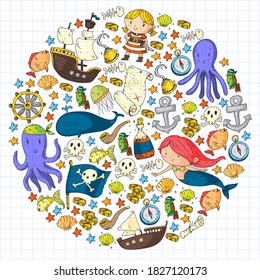 Vector pirate set in cartoon style. Sweet card with pirates, ship, whale, crab, octopus, mermaid, rum, anchor, treasure, fish, island and parrot.