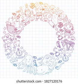 Vector pirate set in cartoon style. Sweet card with pirates, ship, whale, crab, octopus, mermaid, rum, anchor, treasure, fish, island and parrot.