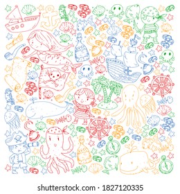 Vector pirate set in cartoon style. Sweet card with pirates, ship, whale, crab, octopus, mermaid, rum, anchor, treasure, fish, island and parrot.