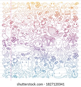 Vector pirate set in cartoon style. Sweet card with pirates, ship, whale, crab, octopus, mermaid, rum, anchor, treasure, fish, island and parrot.