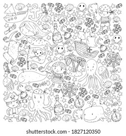 Vector pirate set in cartoon style. Sweet card with pirates, ship, whale, crab, octopus, mermaid, rum, anchor, treasure, fish, island and parrot.