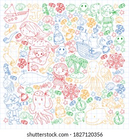 Vector pirate set in cartoon style. Sweet card with pirates, ship, whale, crab, octopus, mermaid, rum, anchor, treasure, fish, island and parrot.