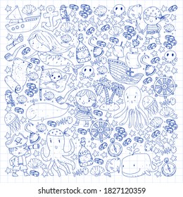 Vector pirate set in cartoon style. Sweet card with pirates, ship, whale, crab, octopus, mermaid, rum, anchor, treasure, fish, island and parrot.