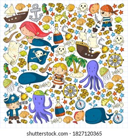 Vector pirate set in cartoon style. Sweet card with pirates, ship, whale, crab, octopus, mermaid, rum, anchor, treasure, fish, island and parrot.