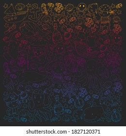 Vector pirate set in cartoon style. Sweet card with pirates, ship, whale, crab, octopus, mermaid, rum, anchor, treasure, fish, island and parrot.