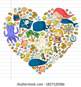 Vector pirate set in cartoon style. Sweet card with pirates, ship, whale, crab, octopus, mermaid, rum, anchor, treasure, fish, island and parrot.