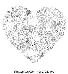 Vector pirate set in cartoon style. Sweet card with pirates, ship, whale, crab, octopus, mermaid, rum, anchor, treasure, fish, island and parrot.