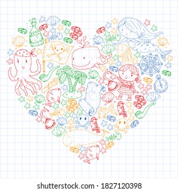 Vector pirate set in cartoon style. Sweet card with pirates, ship, whale, crab, octopus, mermaid, rum, anchor, treasure, fish, island and parrot.