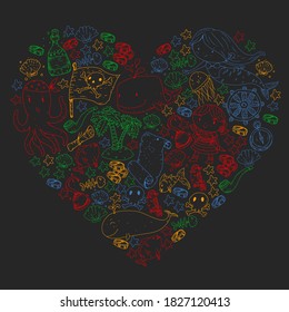 Pirata vectorial ambientado al estilo de las caricaturas. Dulce carta con piratas, barco, ballena, cangrejo, pulpo, sirena, ron, ancla, tesoro, pescado, isla y loro.