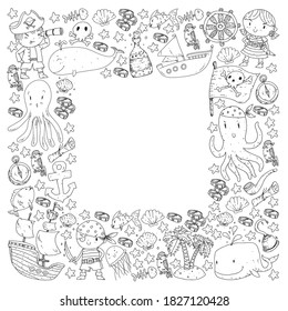 Pirata vectorial ambientado al estilo de las caricaturas. Dulce carta con piratas, barco, ballena, cangrejo, pulpo, sirena, ron, ancla, tesoro, pescado, isla y loro.