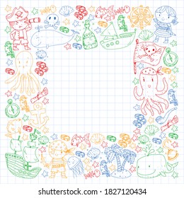 Vector pirate set in cartoon style. Sweet card with pirates, ship, whale, crab, octopus, mermaid, rum, anchor, treasure, fish, island and parrot.