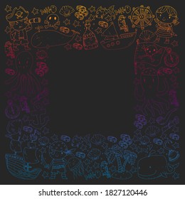 Vector pirate set in cartoon style. Sweet card with pirates, ship, whale, crab, octopus, mermaid, rum, anchor, treasure, fish, island and parrot.