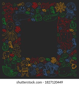 Vector pirate set in cartoon style. Sweet card with pirates, ship, whale, crab, octopus, mermaid, rum, anchor, treasure, fish, island and parrot.