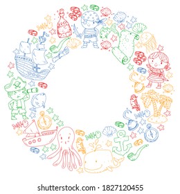 Vector pirate set in cartoon style. Sweet card with pirates, ship, whale, crab, octopus, mermaid, rum, anchor, treasure, fish, island and parrot.