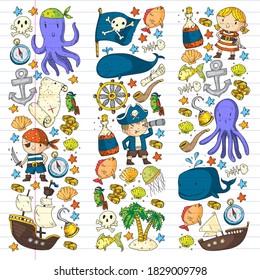Vector pirate set in cartoon style. Sweet card with pirates, ship, whale, crab, octopus, mermaid, rum, anchor, treasure, fish, island and parrot.