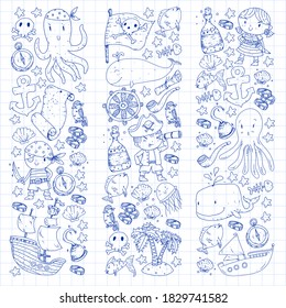 Pirata vectorial ambientado al estilo de las caricaturas. Dulce carta con piratas, barco, ballena, cangrejo, pulpo, sirena, ron, ancla, tesoro, pescado, isla y loro.