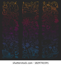 Vector pirate set in cartoon style. Sweet card with pirates, ship, whale, crab, octopus, mermaid, rum, anchor, treasure, fish, island and parrot.