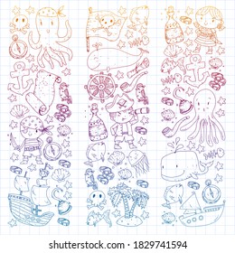 Vector pirate set in cartoon style. Sweet card with pirates, ship, whale, crab, octopus, mermaid, rum, anchor, treasure, fish, island and parrot.