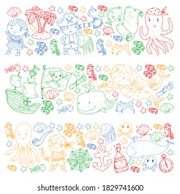 Pirata vectorial ambientado al estilo de las caricaturas. Dulce carta con piratas, barco, ballena, cangrejo, pulpo, sirena, ron, ancla, tesoro, pescado, isla y loro.